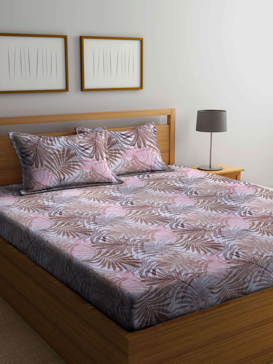 Arrabi Multi Leaf 100% Cotton King Size Double Bedsheet with 2 Pillow Covers (250 X 215 cm)