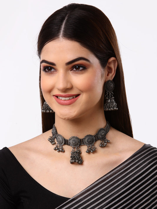 Arrabi Metallic Oxidised Jewellery Set with 2 Earrings (40 cm)