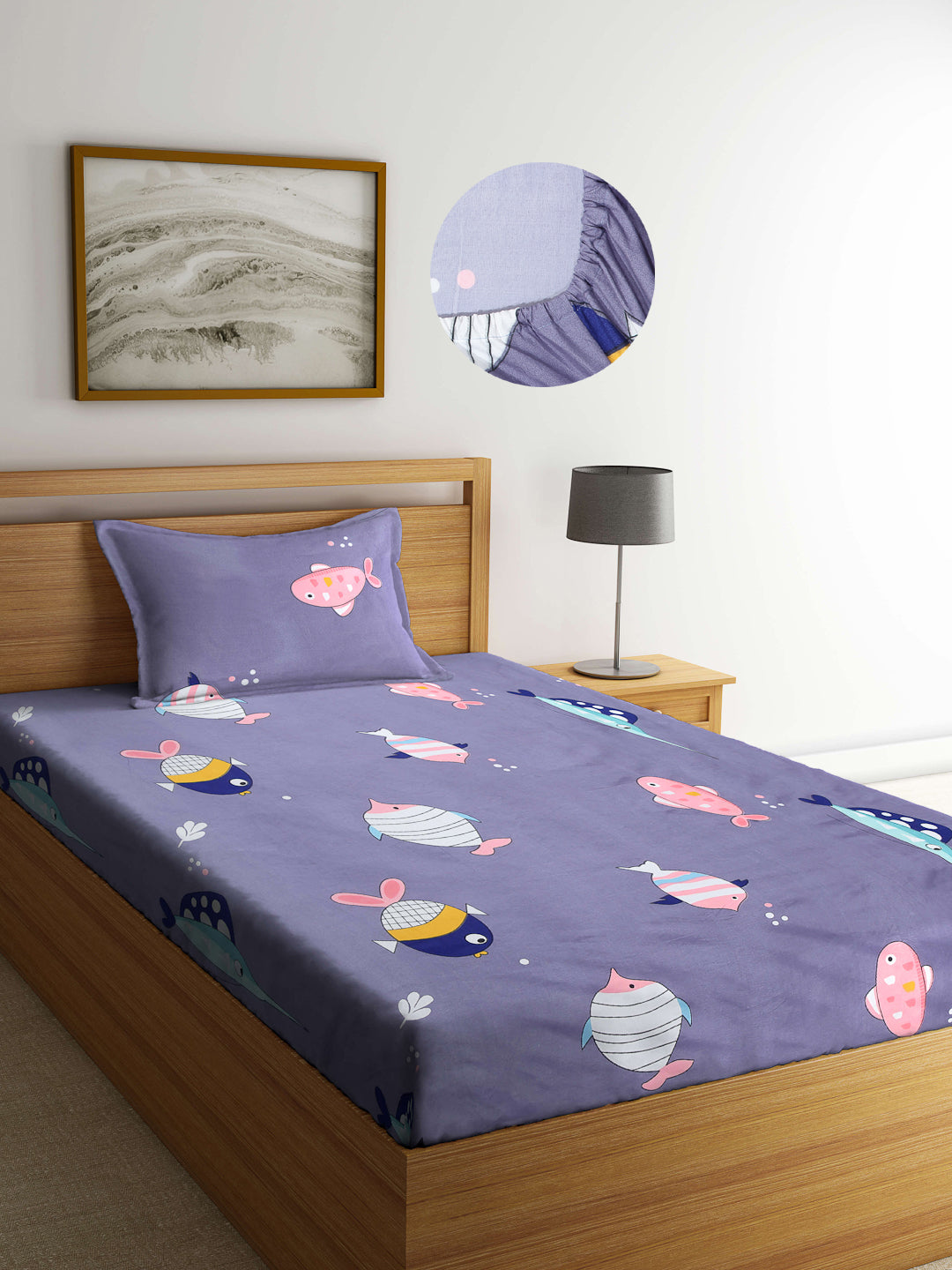 Arrabi Grey Cartoon TC Cotton Blend Single Size Fitted Bedsheet with 1 Pillow Cover (220 X 150 cm)