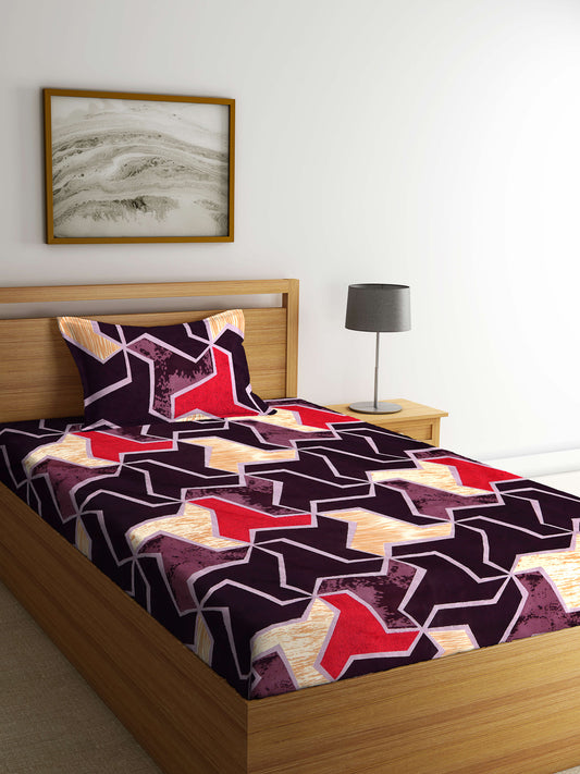 Arrabi Brown Graphic TC Cotton Blend Single Size Bedsheet with 1 Pillow Cover ( 220 X 150 cm)