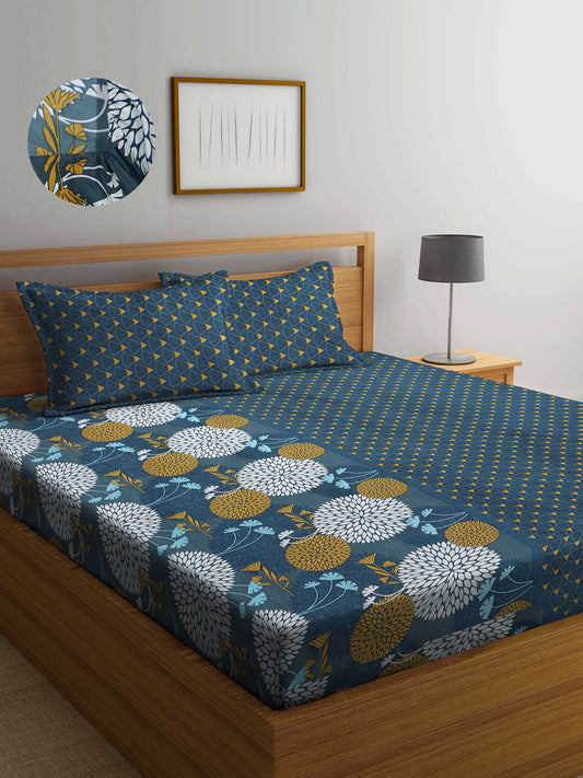 Arrabi Multi Floral TC Cotton Blend King Size Fitted Bedsheet with 2 Pillow Covers (250 X 220 Cm )
