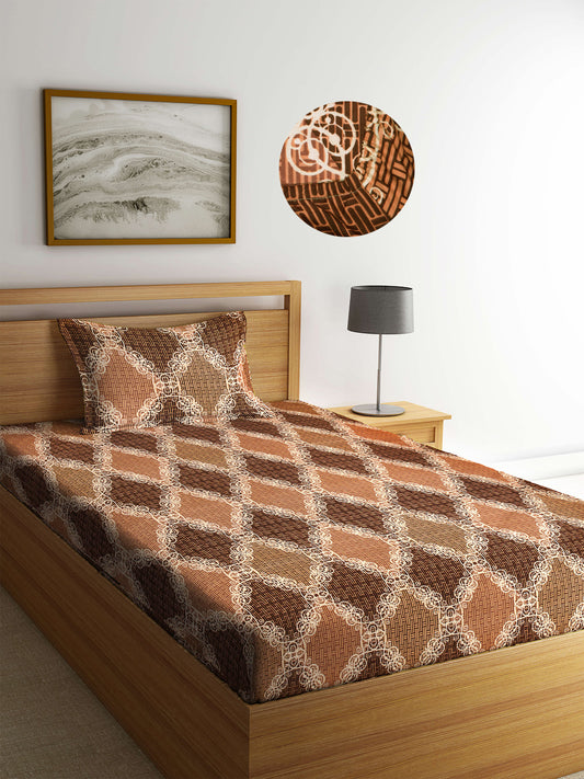 Arrabi Brown Abstract TC Cotton Blend Single Size Fitted Bedsheet with 1 Pillow Cover (220 X 150 cm)