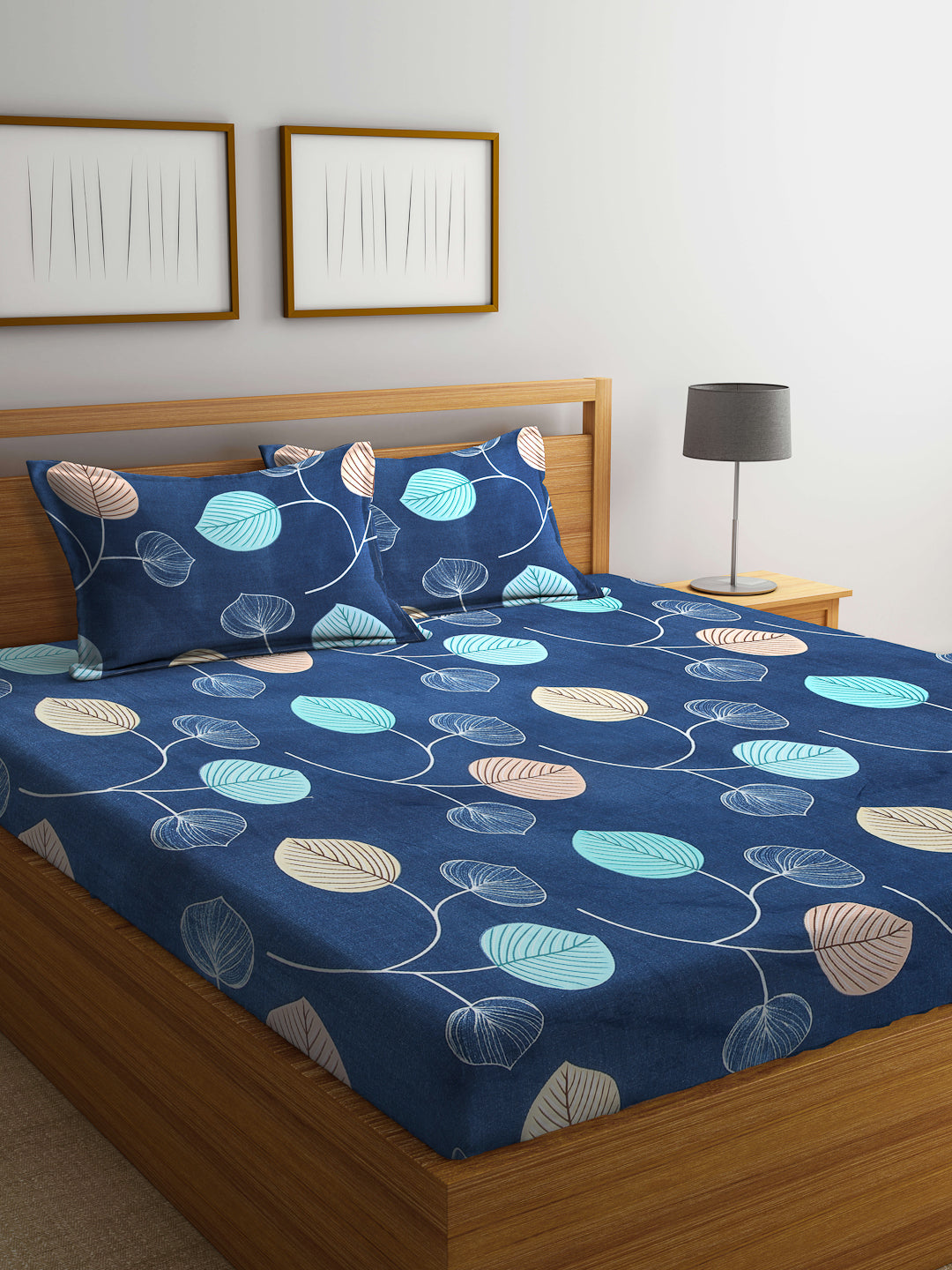 Arrabi Blue Leaf TC Cotton Blend Double Size Bedsheet with 2 Pillow Covers (250 x 215 cm)
