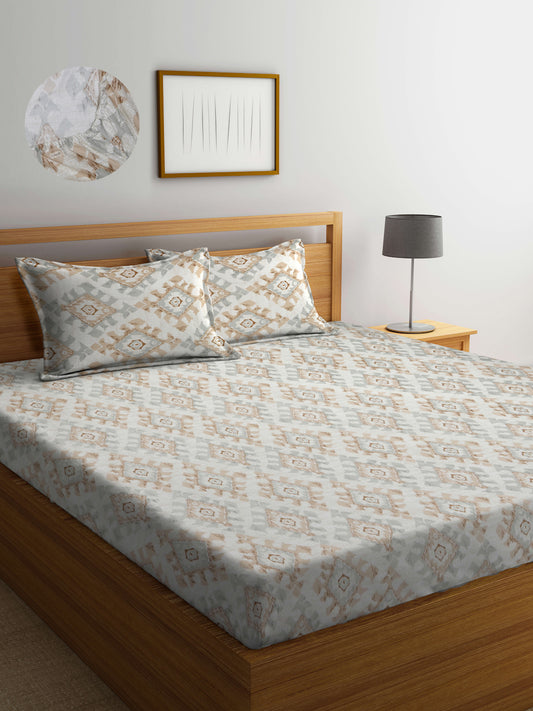 Arrabi Multi Geometric TC Cotton Blend King Size Fitted Bedsheet with 2 Pillow Covers(250 X 215 Cm )
