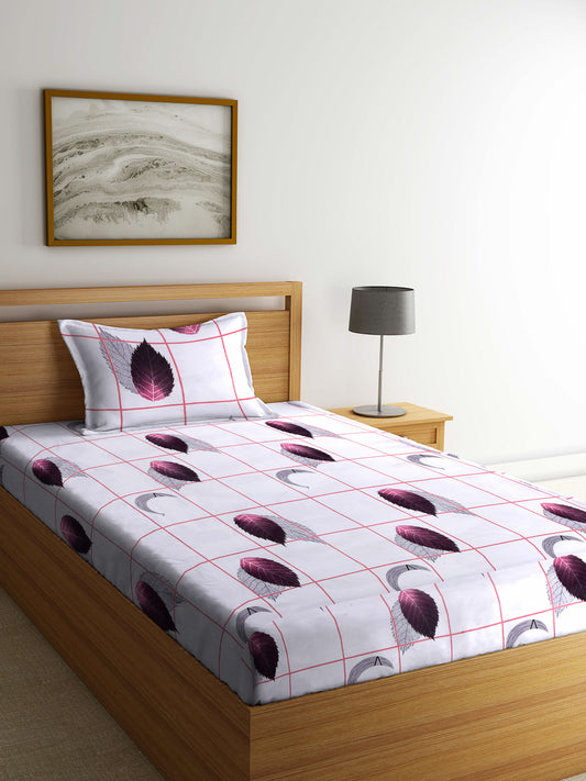 Arrabi Grey Leaf TC Cotton Blend Single Size Bedsheet with 1 Pillow Cover ( 220 X 150 cm)