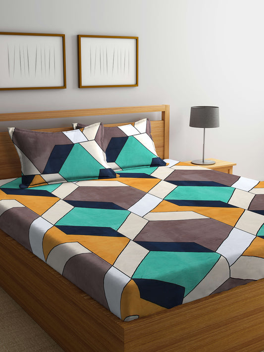Arrabi Multi Geometric TC Cotton Blend Double Size Bedsheet with 2 Pillow Covers (250 x 215 cm)