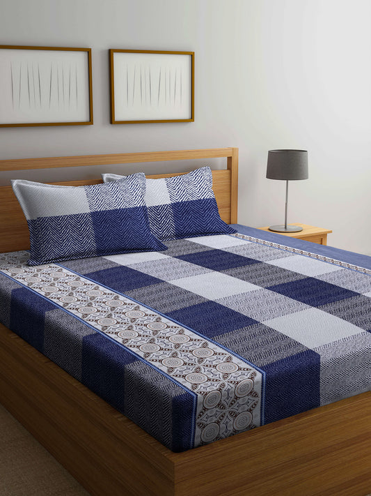 Arrabi Blue Indian TC Cotton Blend Double King Size Bedsheet with 2 Pillow Covers