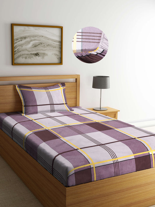 Arrabi Multi Geometric TC Cotton Blend Single Size Fitted Bedsheet with 1 Pillow Cover (220 X 150 cm)
