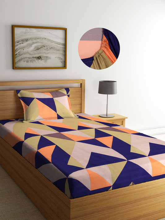 Arrabi Multi Geometric TC Cotton Blend Single Size Fitted Bedsheet with 1 Pillow Cover (220 X 150 cm)