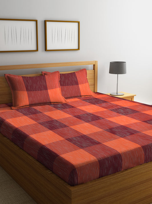 Arrabi Red Check Handwoven Cotton Double King Size Bedsheet with 2 Pillow Covers (260 x 260 cm)