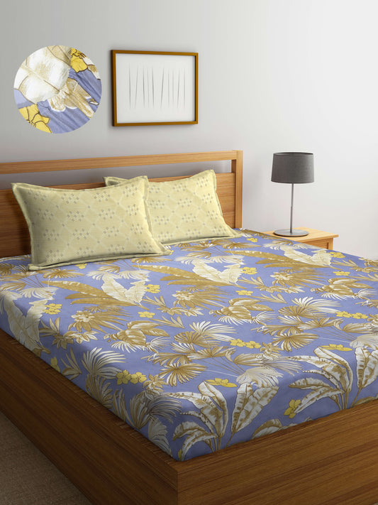 Arrabi Grey Leaf TC Cotton Blend Super King Size Fitted Bedsheet with 2 Pillow Covers(270 X 260 Cm )