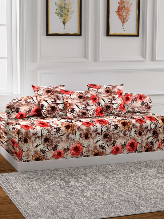 Arrabi Brown Set of 6 Floral Handwoven Chenille Diwan Set (225 x150 cm)