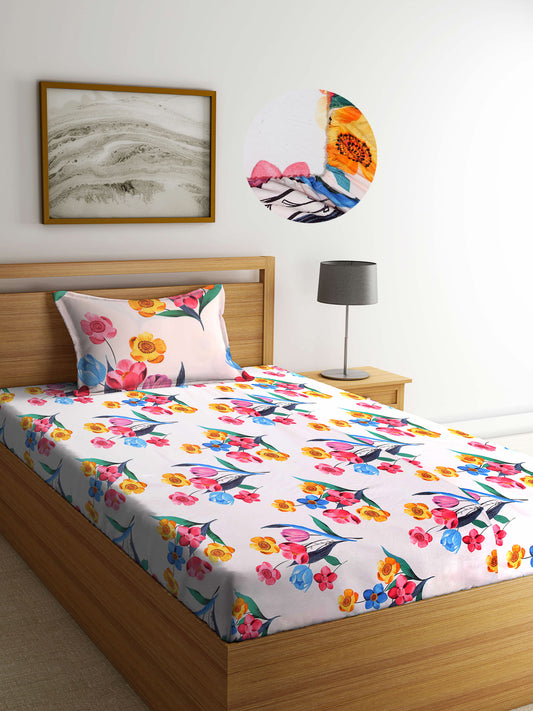 Arrabi Pink Floral TC Cotton Blend Single Size Fitted Bedsheet with 1 Pillow Cover (220 X 150 cm)