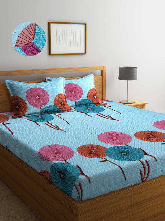 Arrabi Blue Floral TC Cotton Blend King Size Fitted Bedsheet with 2 Pillow Covers(250 X 215 Cm )