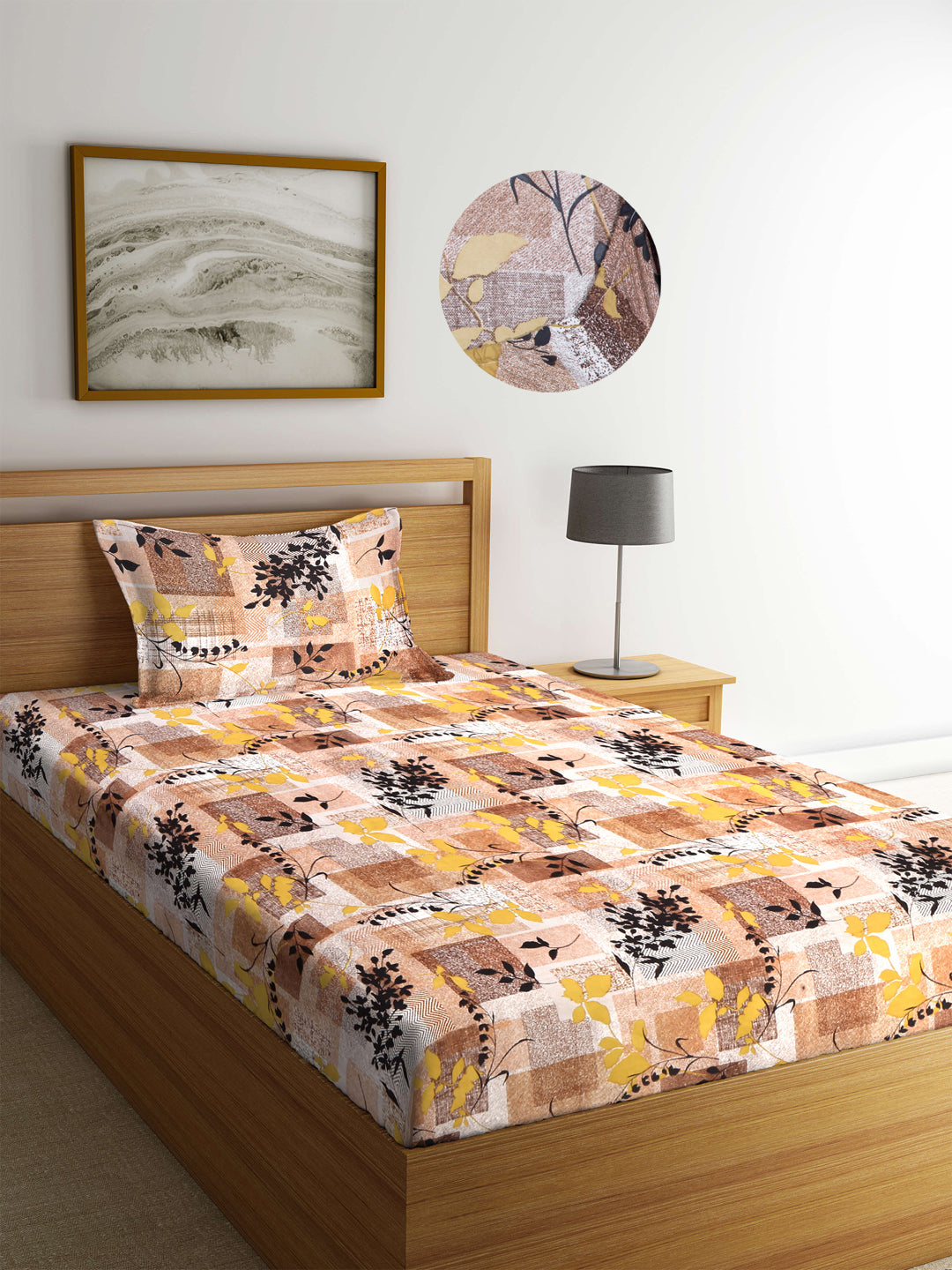 Arrabi Brown Floral TC Cotton Blend Single Size Fitted Bedsheet with 1 Pillow Cover (220 X 150 cm)