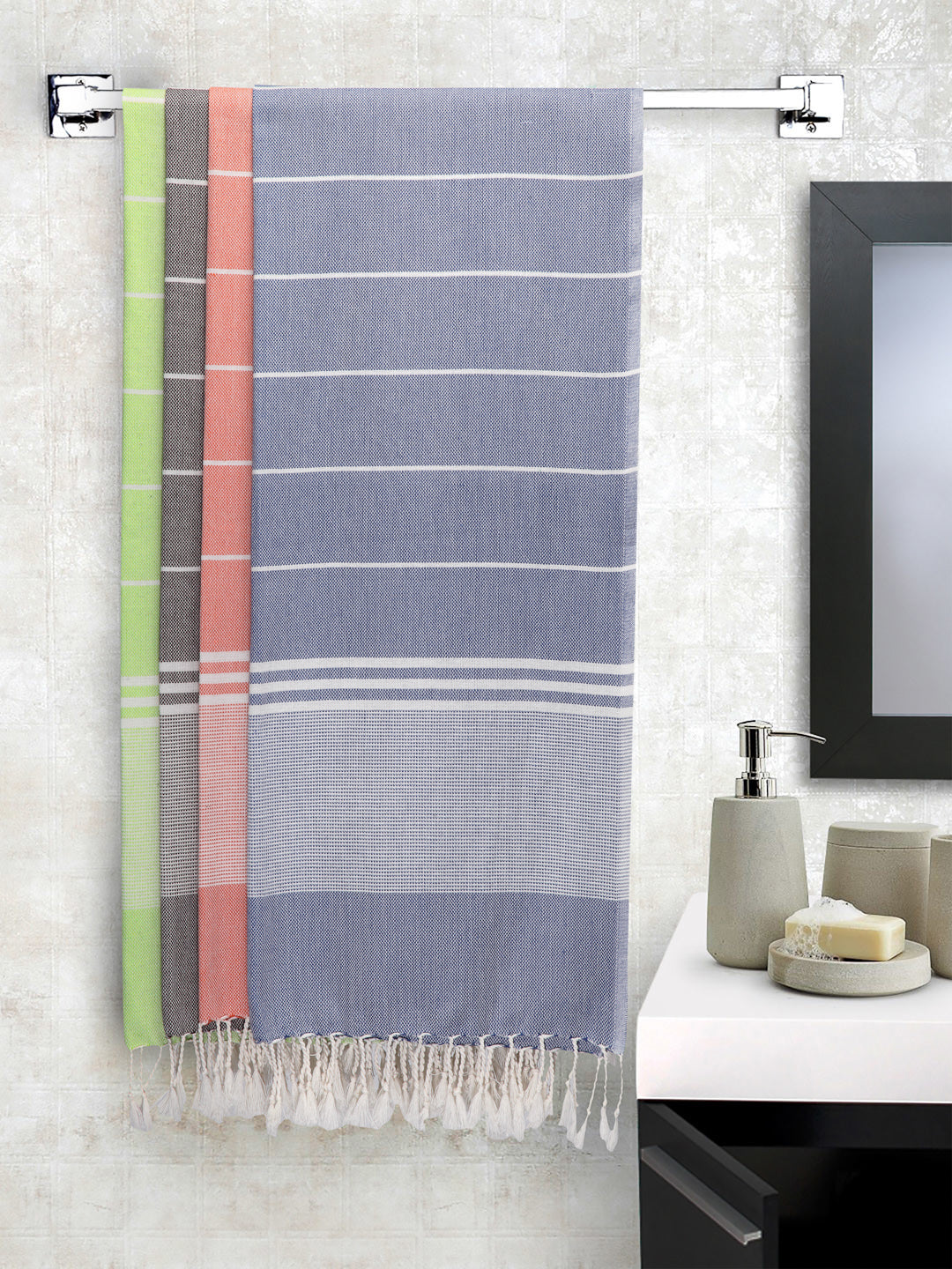 Arrabi Multi Stripes Handwoven Cotton Bath Towel (Set of 4) (150 x 75 cm)
