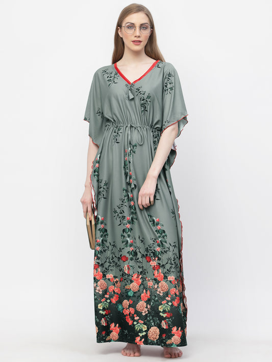 Arrabi Women Olive Floral Kaftan Dress