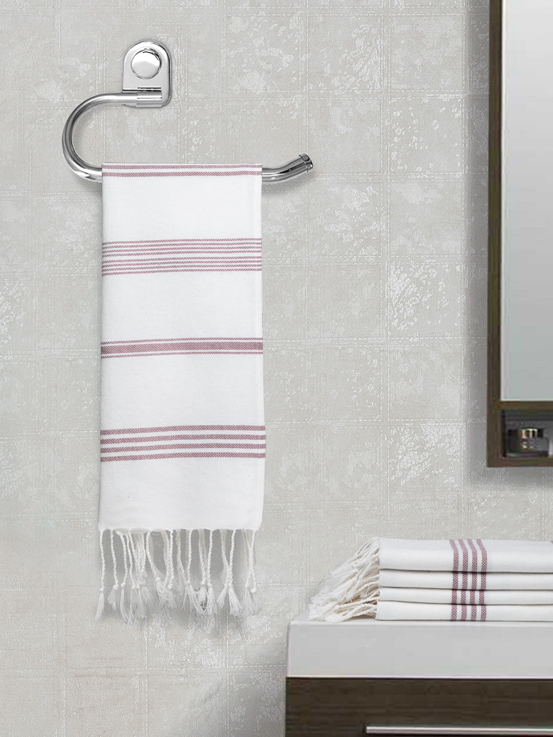 Arrabi Red Solid Handwoven Cotton Hand Towel (Set of 5) (90 X 35 cm)