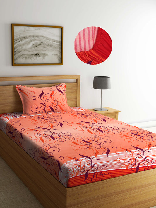 Arrabi Orange Indian TC Cotton Blend Single Size Fitted Bedsheet with 1 Pillow Cover (220 X 150 cm)