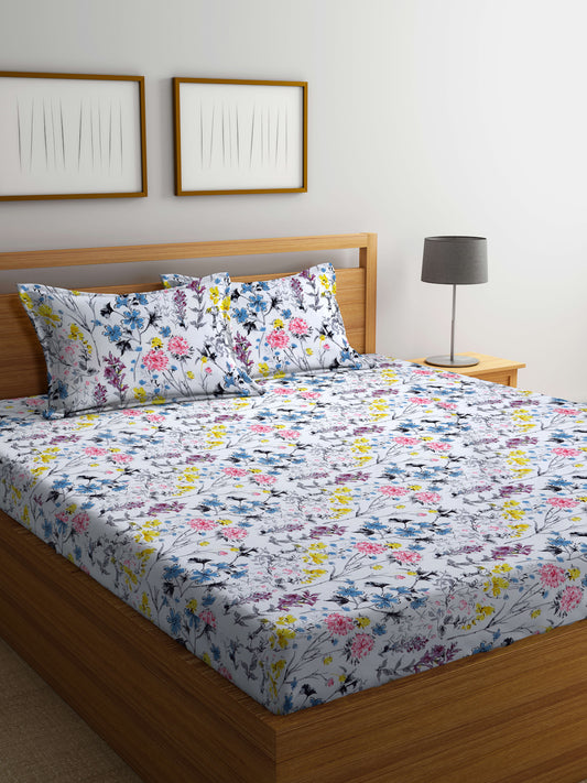 Arrabi White Floral TC Cotton Blend King Size Bedsheet with 2 Pillow Covers (250 X 215 cm)