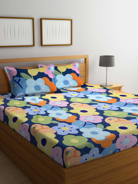 Arrabi Multi Floral TC Cotton Blend King Size Bedsheet with 2 Pillow Covers (250 X 215 cm)