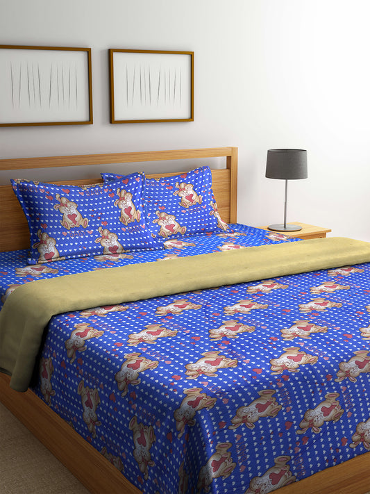 Arrabi Blue Cartoon Cotton Blend Double Size Comforter Bedding Set with 2 Pillow Cover (235 x 215 cm)