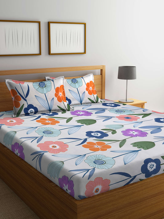 Arrabi Multi Floral TC Cotton Blend King Size Bedsheet with 2 Pillow Covers (250 X 215 cm)