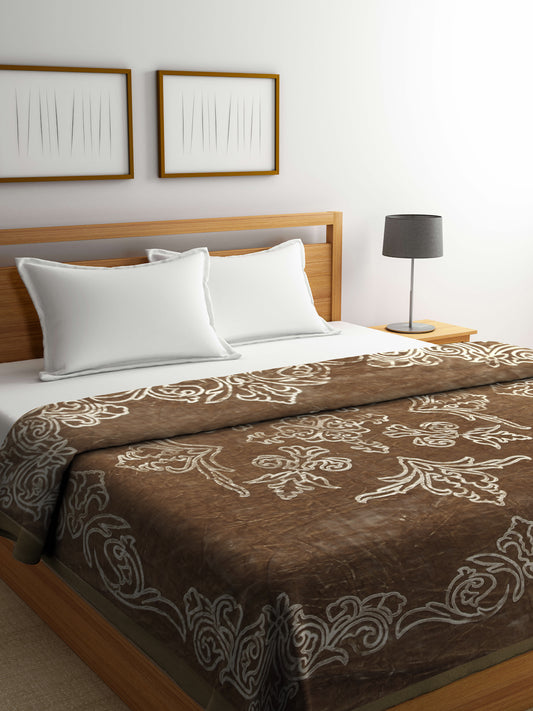 Arrabi Brown Floral Wool Blend 950 GSM Full Size Double Bed Blanket (210 X 200 cm)
