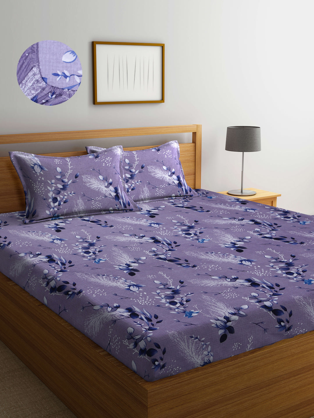Arrabi Grey Leaf TC Cotton Blend King Size Fitted Bedsheet with 2 Pillow Covers(250 X 215 Cm )
