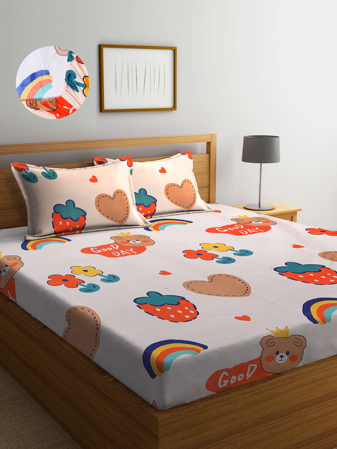 Arrabi Multi Cartoon TC Cotton Blend King Size Fitted Bedsheet with 2 Pillow Covers (250 X 215 Cm )
