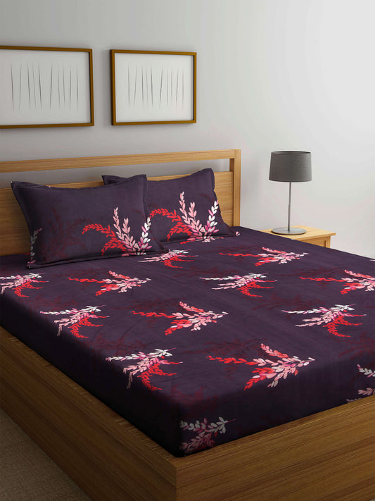 Arrabi Brown Leaf TC Cotton Blend Double Size Bedsheet with 2 Pillow Cover