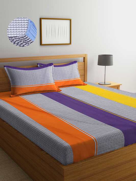Arrabi Multi Geometric TC Cotton Blend King Size Fitted Bedsheet with 2 Pillow Covers (250 X 215 Cm )