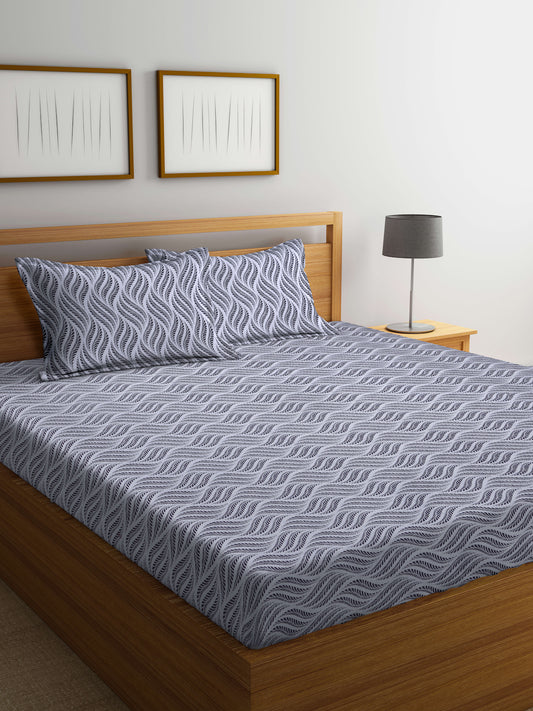 Arrabi Grey Graphic TC Cotton Blend King Size Bedsheet with 2 Pillow Covers (250 X 215 cm)