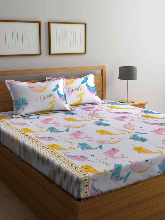 Arrabi White Cartoon TC Cotton Blend Double Size Bedsheet with 2 Pillow Cover