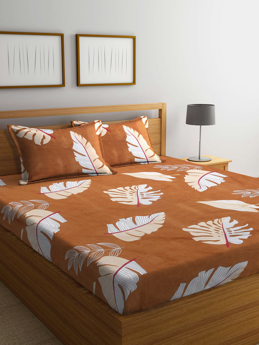 Arrabi Brown Leaf TC Cotton Blend Double Size Bedsheet with 2 Pillow Covers (250 x 215 cm)