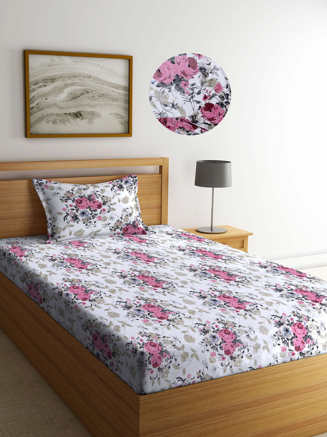 Arrabi White Floral TC Cotton Blend Single Size Fitted Bedsheet with 1 Pillow Cover (220 X 150 cm)