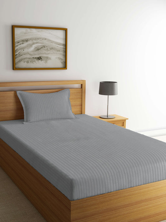 Arrabi Grey Stripes TC Cotton Blend Single Size Bedsheet with 1 Pillow Cover (220 X 150 cm)