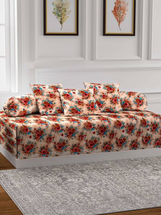 Arrabi Brown Set of 6 Floral Handwoven Chenille Diwan Set (225 x150 cm)