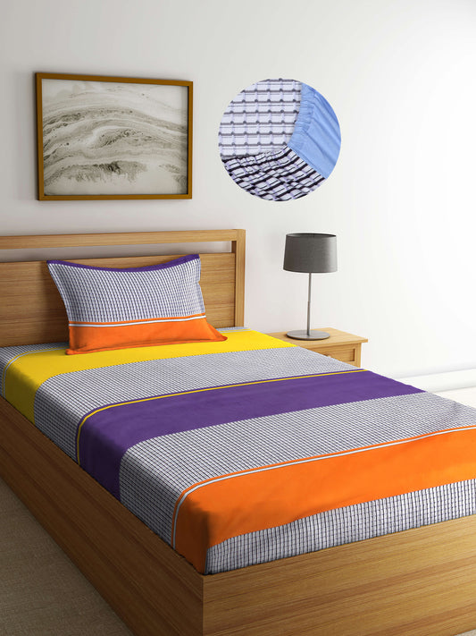Arrabi Multi Stripes TC Cotton Blend Single Size Fitted Bedsheet with 1 Pillow Cover (220 X 150 cm)