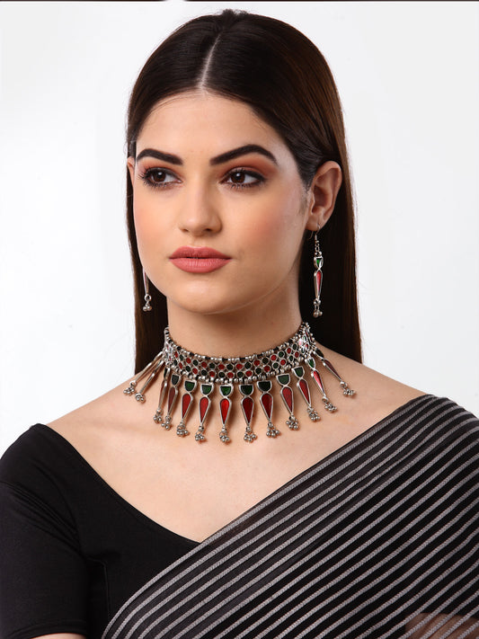 Arrabi Red Meenakari Jewellery Set with 2 Earrings (40 cm)