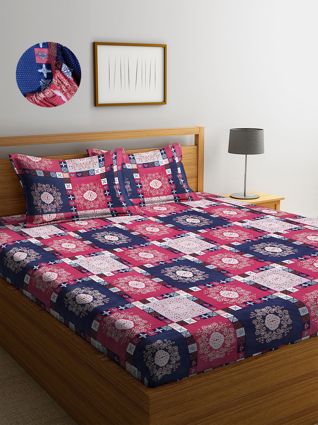 Arrabi Multi Geometric TC Cotton Blend King Size Fitted Bedsheet with 2 Pillow Covers(250 X 215 Cm )