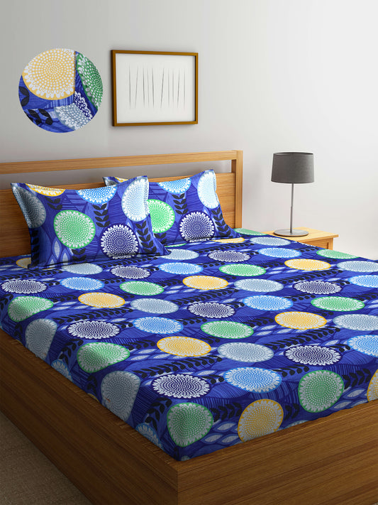 Arrabi Multi Floral TC Cotton Blend King Size Fitted Bedsheet with 2 Pillow Covers(250 X 215 Cm )