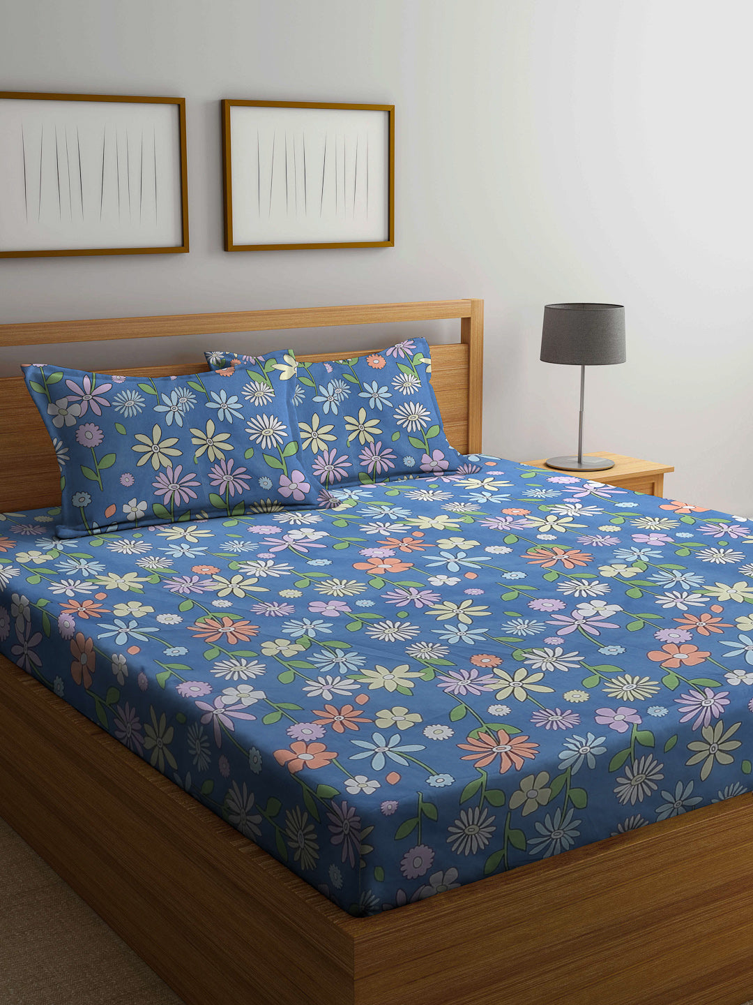 Arrabi Blue Floral TC Cotton Blend Double King Size Bedsheet with 2 Pillow Covers (270 x 260 cm)