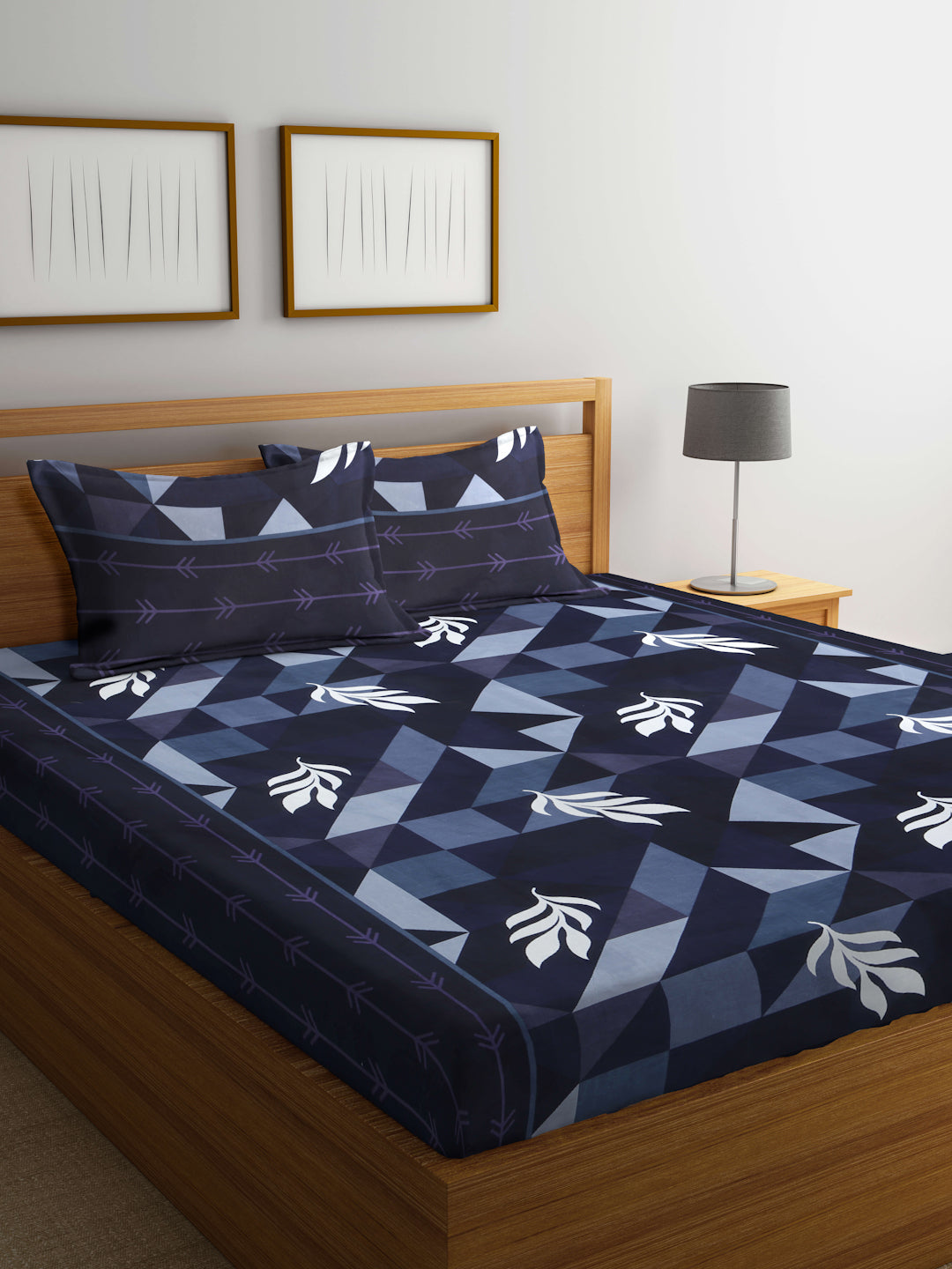 Arrabi Blue Geometric TC Cotton Blend King Size Bedsheet with 2 Pillow Covers (250 X 215 cm)