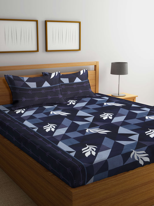 Arrabi Blue Geometric TC Cotton Blend King Size Bedsheet with 2 Pillow Covers (250 X 215 cm)