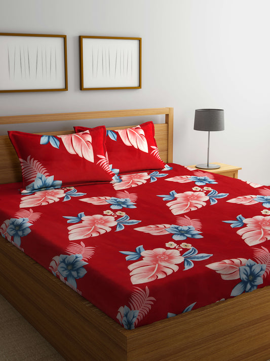 Arrabi Red Floral TC Cotton Blend King Size Bedsheet with 2 Pillow Covers (250 X 215 cm)
