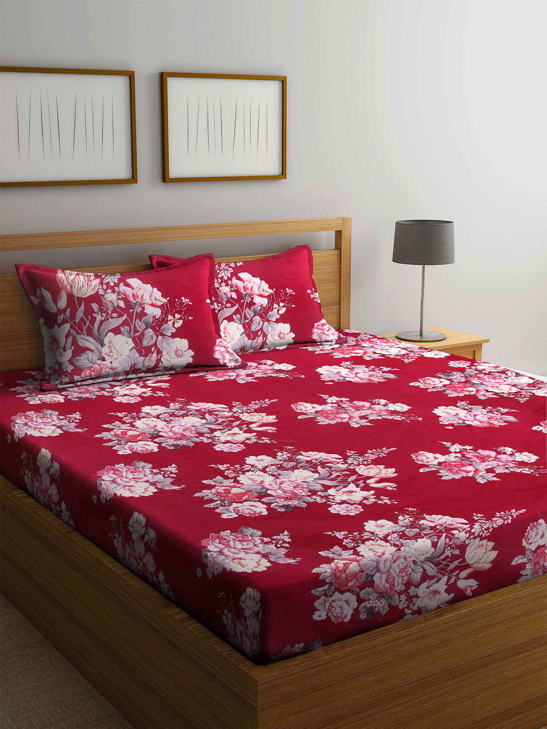 Arrabi Red Floral TC Cotton Blend Double King Size Bedsheet with 2 Pillow Covers (270 x 260 cm)