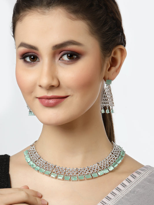 Arrabi Sea Green American Diamond Jewellery Set with 2 Earrings(30 cm)