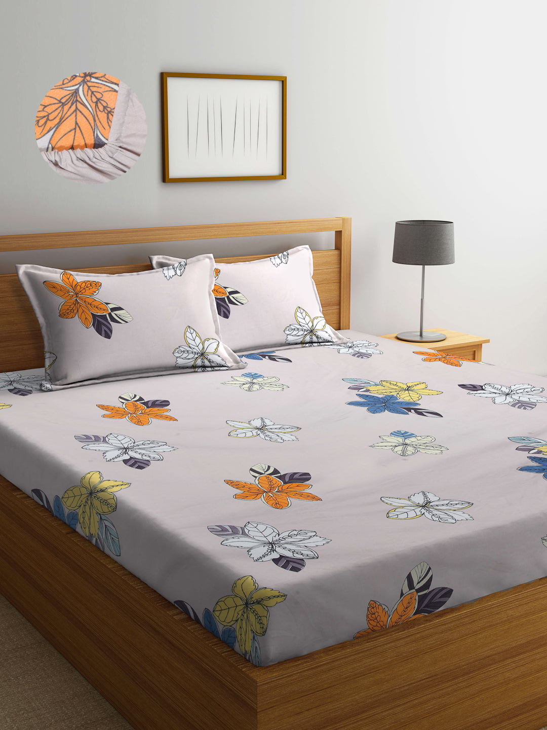 Arrabi Beige Floral TC Cotton Blend King Size Fitted Bedsheet with 2 Pillow Covers (250 X 215 Cm )