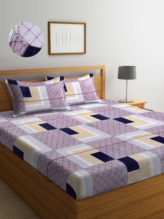 Arrabi Multi Geometric TC Cotton Blend King Size Fitted Bedsheet with 2 Pillow Covers (250 X 215 Cm )